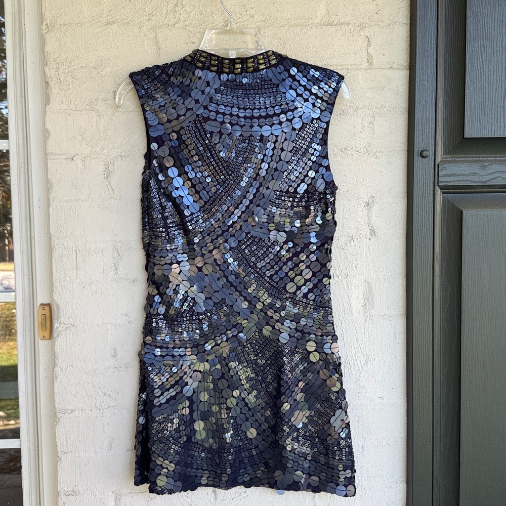 Alberto Malaki Blue Art Deco Pattern Palette Sequined Sheath Dress Size 8 - Picture 6 of 13